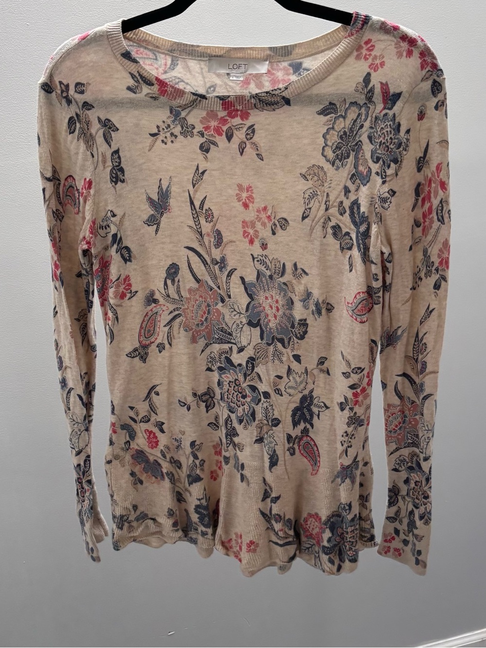 LOFT Beige Floral Print Long Sleeve Cotton Lightweight Knitted Sweater